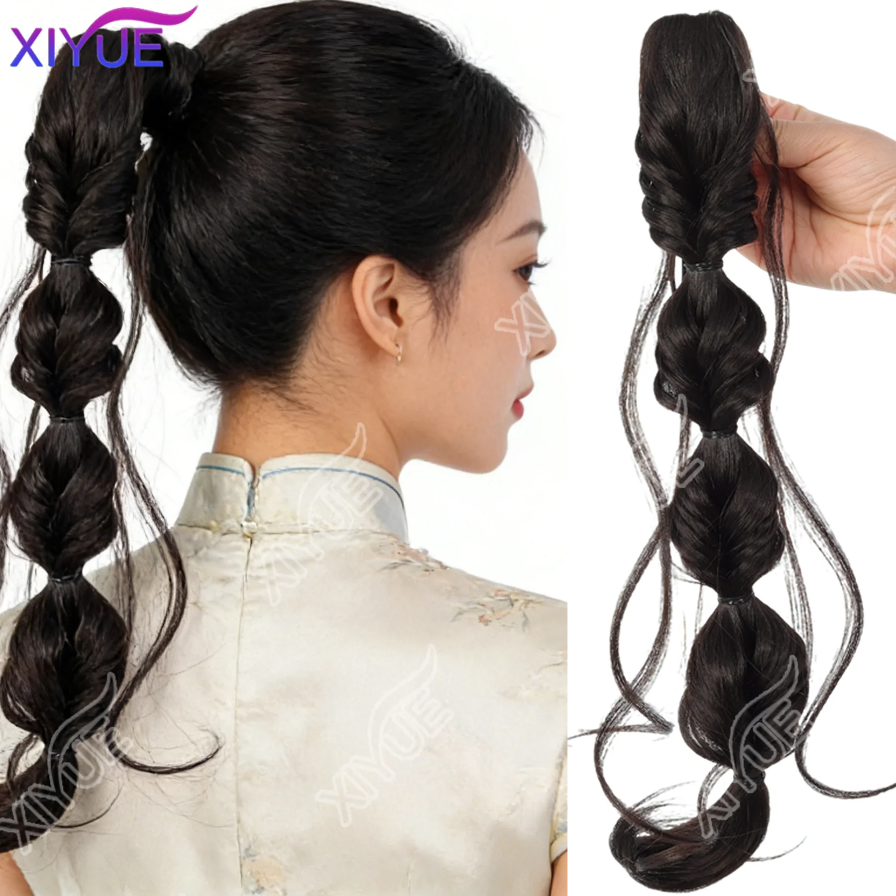 XIYUE 45cm Summer Ins Style Synthetic Braided Bubble Braids Wig Clip Sweet Girl Natural Fluffy Twisted Ponytail Hair Extension