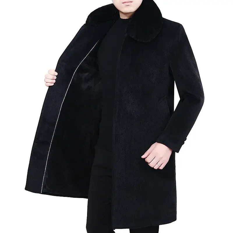 2024 Middle-Aged Men Casual Woolen Medium Length Coat Winter Long Over-the-Knee Warm Thickened  Large Size Loose Outwear A192