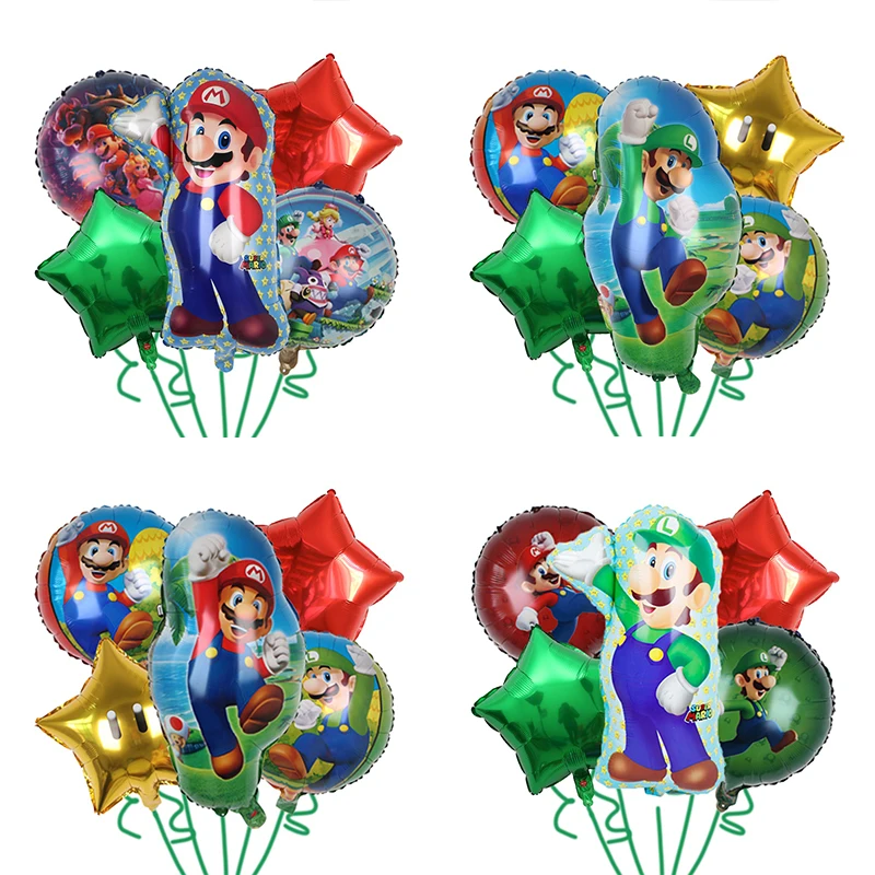 5PCS Super Mario Bros Foil Balloon Set Red Green Five-pointed Star Balloon for Boy or Girl Birthday Backdrop Party Decoration