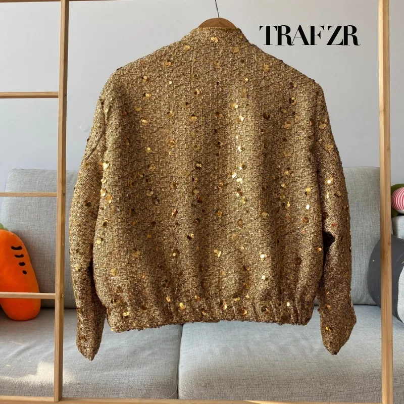 TRAF ZR High Quality Luxury Sequins Bomber Jacket Y2k Streetwear Vintage New in Coats and Jackets for Women 2024 Outerwear