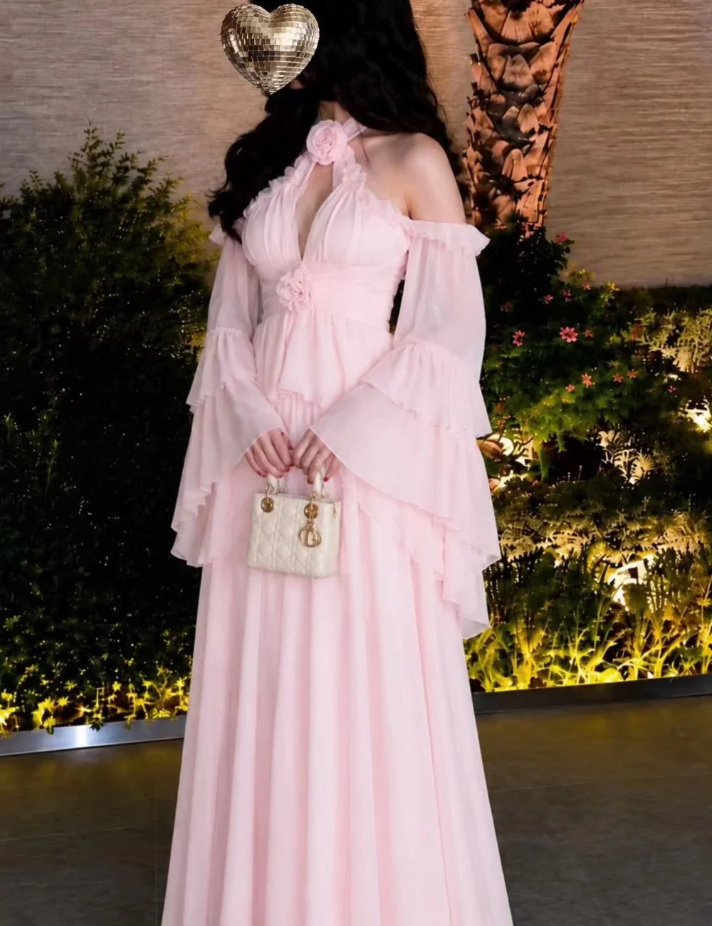 Customized Pink Exquisite Classic Chiffon Handmade Flower Pleat Tiered A-line Halter Floor-Length Evening Dresses Party Gowns