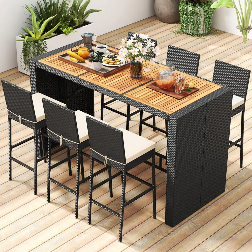 

7 PCS Patio Rattan Wicker Bar Set, 30 Bar Height Chairs with Back, Footrest and Cushion, Outdoor Table with Wooden Top for Back