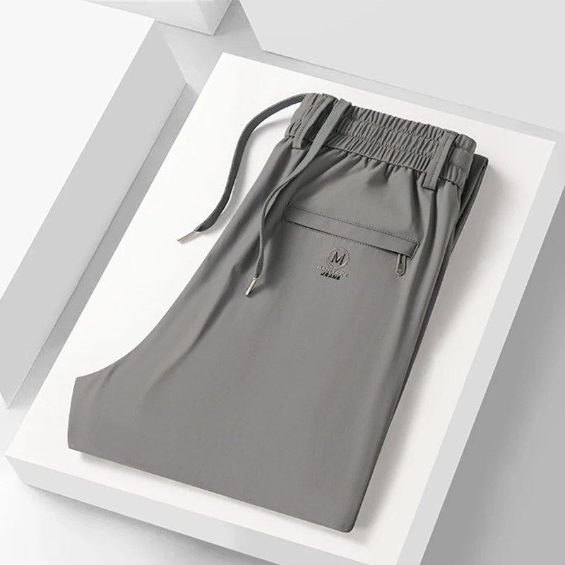 Heren lente zomer dunne ijzijde casual broek hoge elasticiteit sneldrogend rechte pijp elastische taille sportbroek