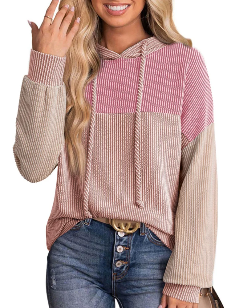 새로운 가을 여성 스트라이프 후드, 풀오버 후드, 긴 소매 후드, 패치 워크 후드, 여성용 캐주얼 후드, 여성 의류