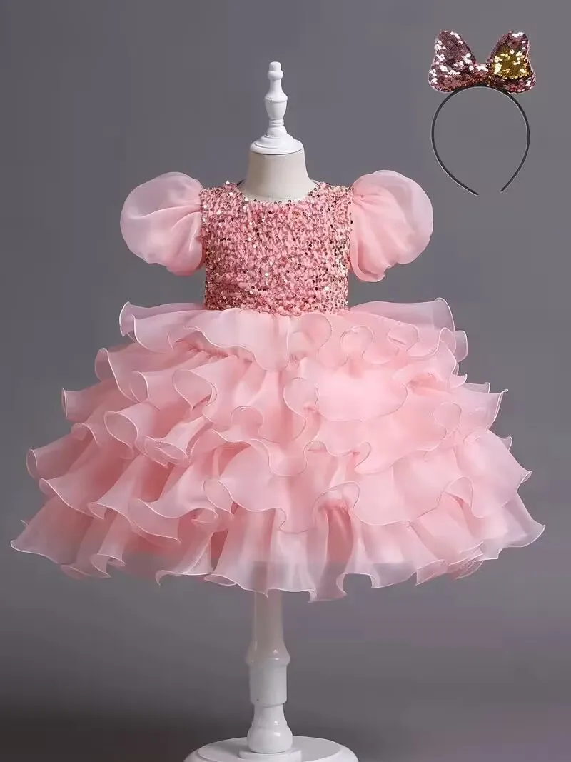 Little Girls Sequined Party Ball Dress With Big Bow Headband, Kids Special Party Prom Dress, Dance Performance Dress Princess Dr