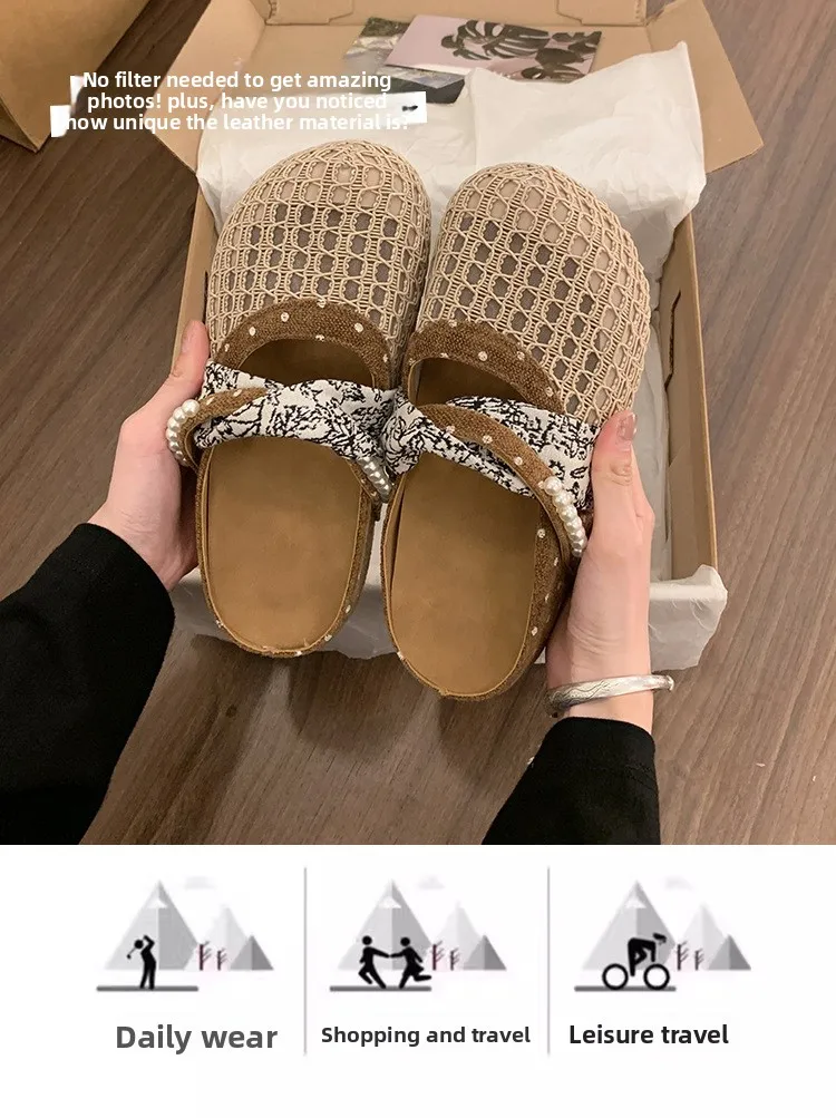 Atmungsaktive Mesh-Halbpantoffeln für Damen, Französische Polka-Dot-Perlen-Slip-On-Slides, Weiche Sohle, Geschlossene Zehenpartie, Geeignet für Breite Füße – Detail 3
