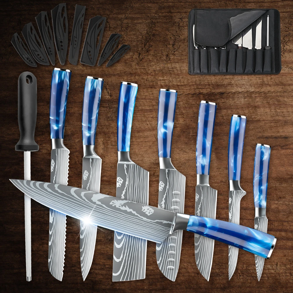 8-teiliges Küchenmesser-Set aus 7CR17MOV Edelstahl mit Kochmesser, Hackmesser, Brotmesser, Santoku-Messer, Schälmesser, Ausbeinmesser, blauem Harzgriff, Messertasche und Klingenschutz sowie Schleifstab – Detail 1