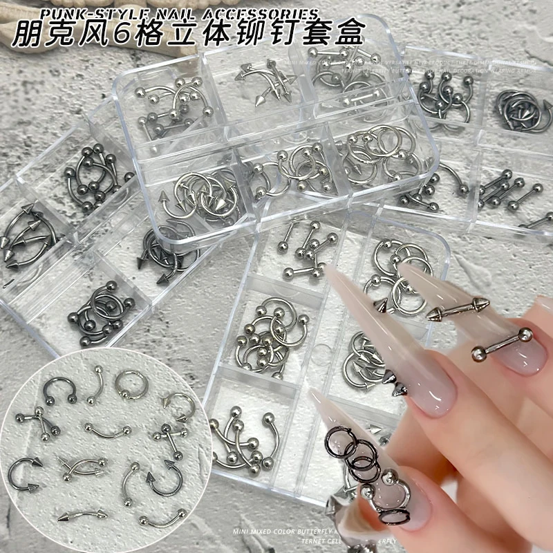 30 sztuk/pudełko 6 przegródek Czarne/Srebrne Kolczyki do Paznokci Punk Metalowy Stop Biżuteria do Paznokci Dekoracja 3D Akcesoria do Paznokci dla Fajnej Dziewczyny