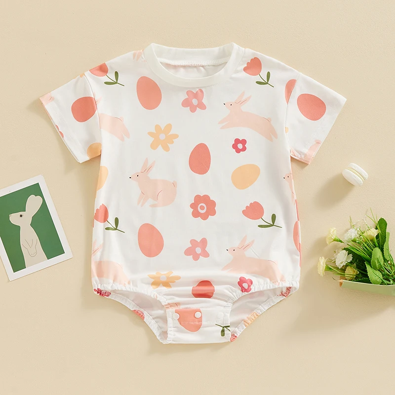 Baby Boy Girl Easter Jumpsuit Summer Outfits Carrot Bunny Print Short Sleeve Sweatshirt Romper Cute Toddler Clothes