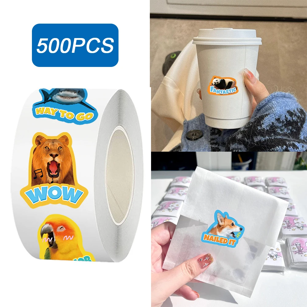 

500pcs/roll Cartoon Animal English Text Sealing Stickers Kids Reward Decals DIY Scrapbooking Phone Suitcase Fun Graffiti Sticker
