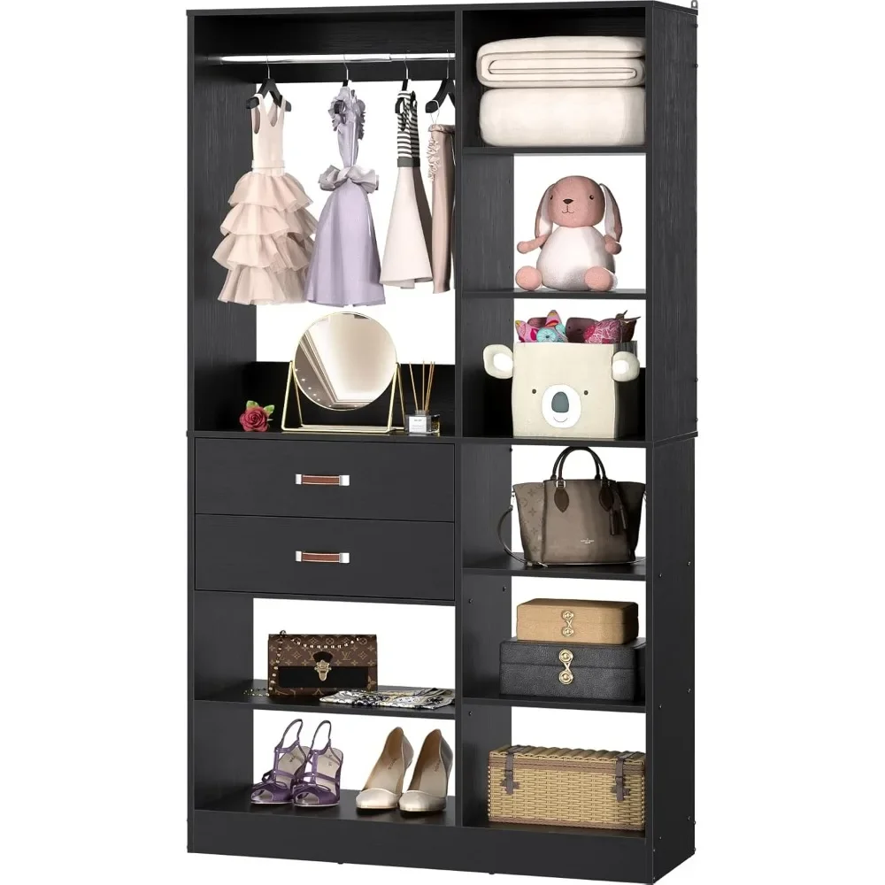 40 Inch Wardrobe with 10 Shelves, 2 Wood Drawers, Hanging Rod, 80'' Height Adjustable Cloth Garment Rack, Wood Walk-in Wardrobe