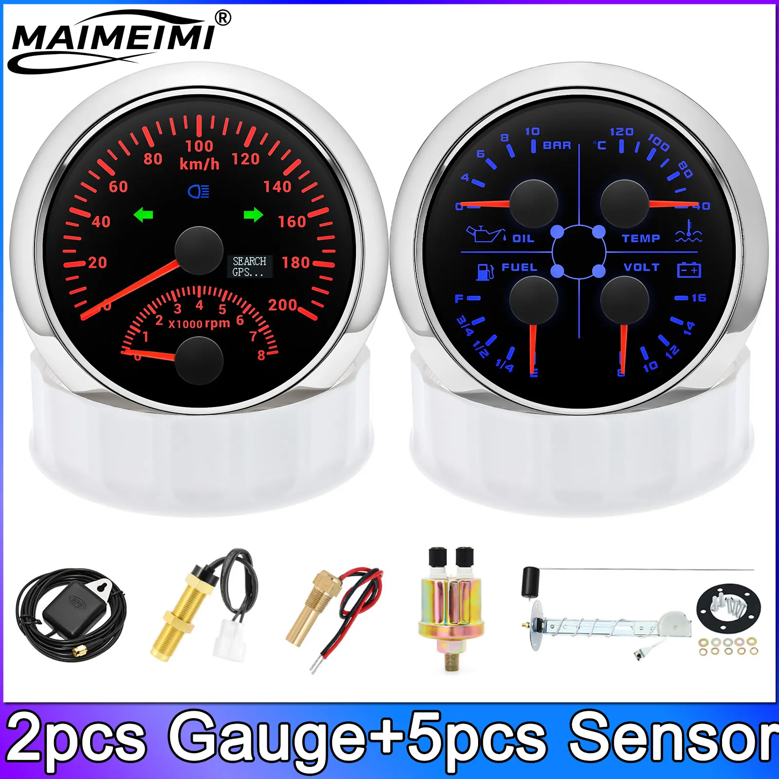  7 Colors 85mm Gauge Set + Sensor  GPS Speedometer+Tachometer +4IN1 Fuel Level Guage Voltage Oil Pressure Water Temp 240-33ohm