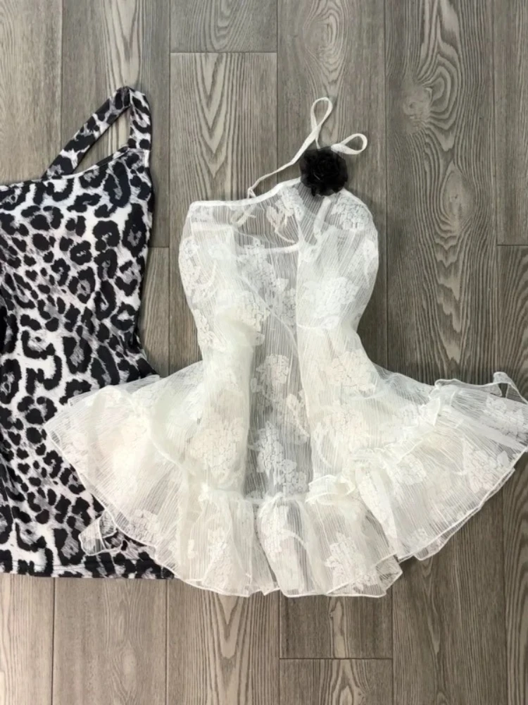 フレンチセクシースタイル スリム Y2K ツーピースセット レディース スキニー レオパードドレス + シックなレースブラウス 新作 ピュアディザイア スパイスガール スイートスーツ 2025