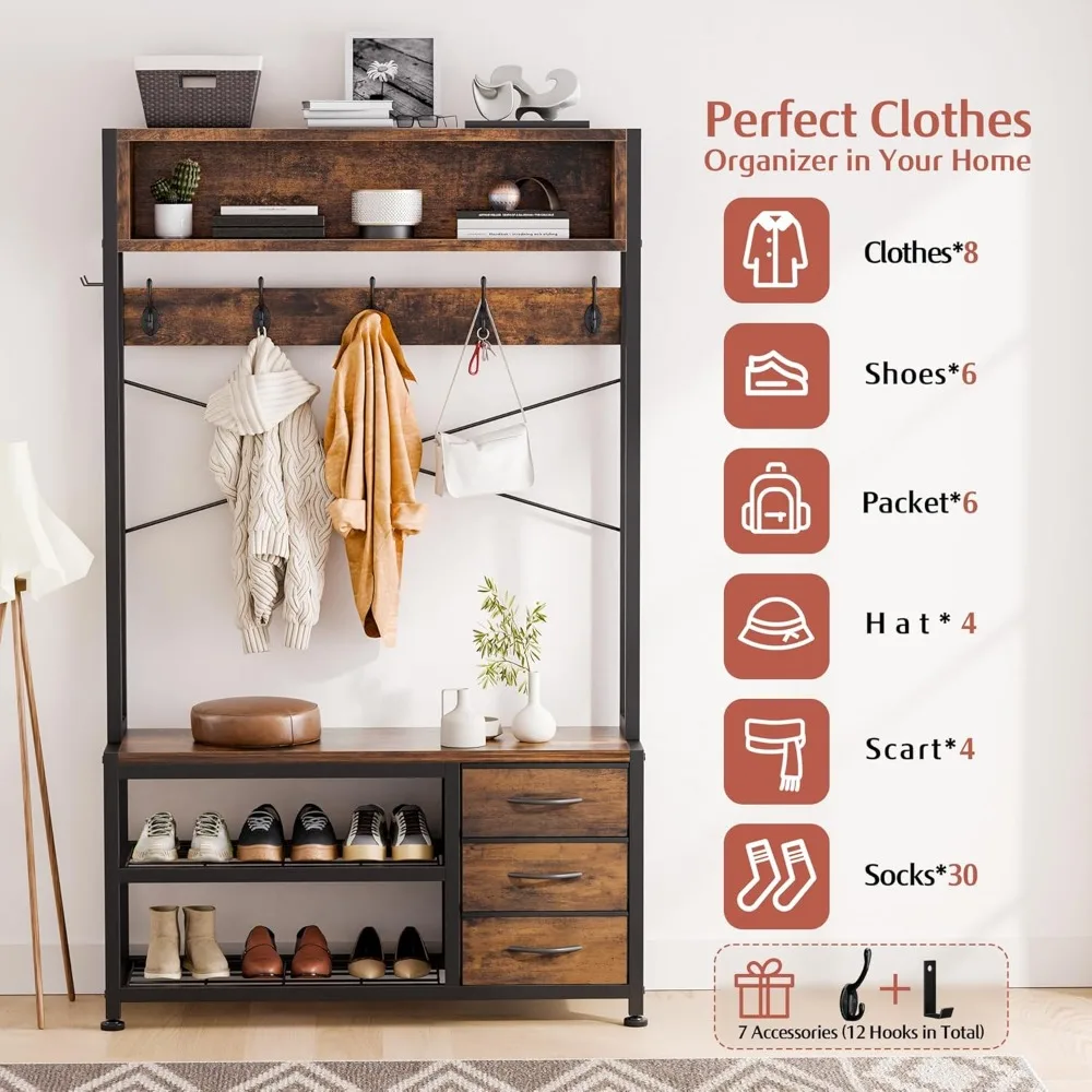 شجرة قاعة Lulive مع مقعد وتخزين الأحذية، حامل معطف 31.5 قائم بذاته مع رف تخزين من طبقتين، معطف مقعد 6 في 1 للمدخل