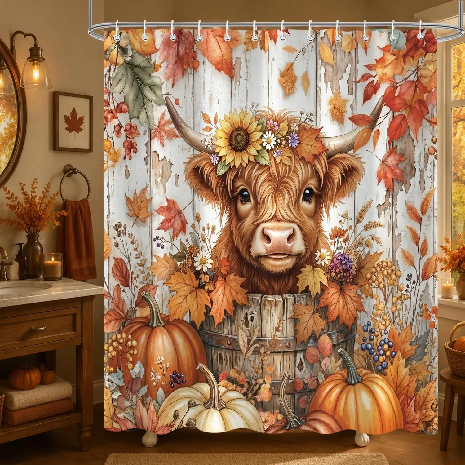 Fall Highland Cow Shower Curtain 72x72 Inch, Funny Cute Fall Autumn Pumpkin Floral Leaves Thanksgiving Rustic Seasonal Waterproof Fabric with 12 Hooks Bathroom Decor