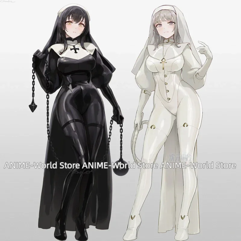 

Irelia H Store Nun Cosplay Costume leather white and black jumpsuit tight
