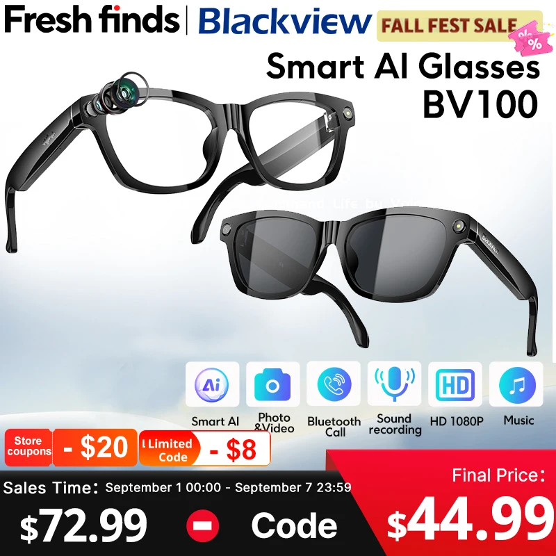 世界初公開】Blackview BV100 AIスマートグラス 800万画素 2K HDカメラ