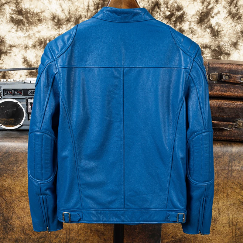 Blue Spring Leather Jacket Men Sports Style Plus Size 5XL Genuine Natural Cowhide Stand Collar Slim Fit Leather Coat