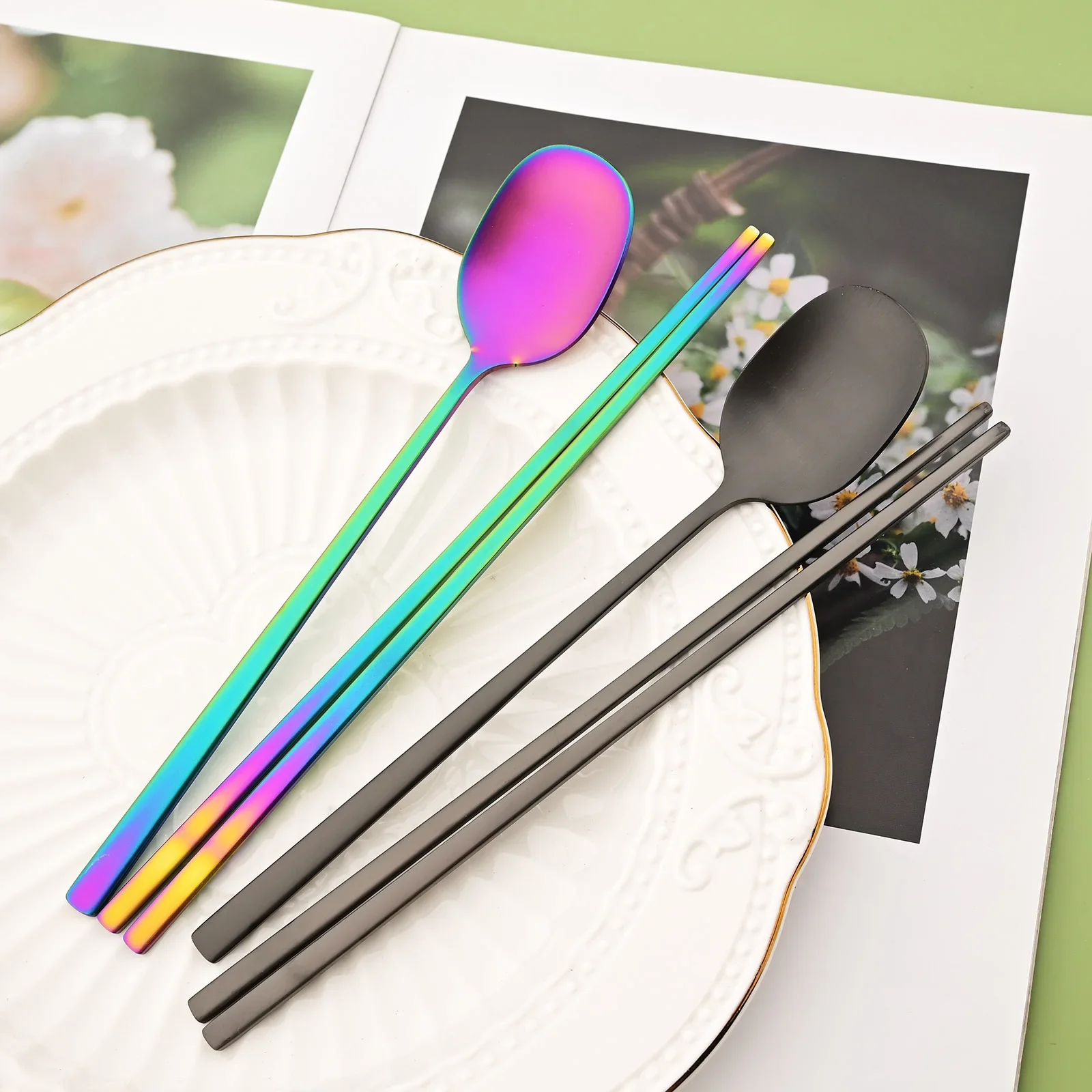 2 قطعة ماتي قوس قزح أواني الطعام مجموعة الكورية عشاء ملعقة عيدان أطباق الفولاذ المقاوم للصدأ أدوات المائدة المحمولة أدوات المائدة المطبخ مجموعة #1