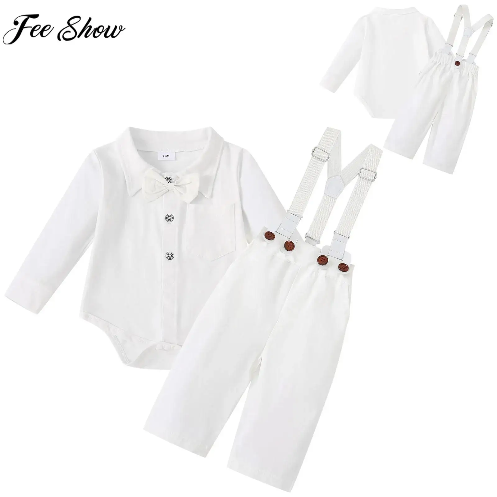 

Infant Boys Gentleman Christening Outfit Long Sleeve Bow Tie Romper with Overalls Baptism Wedding Party Church Event Costume Set