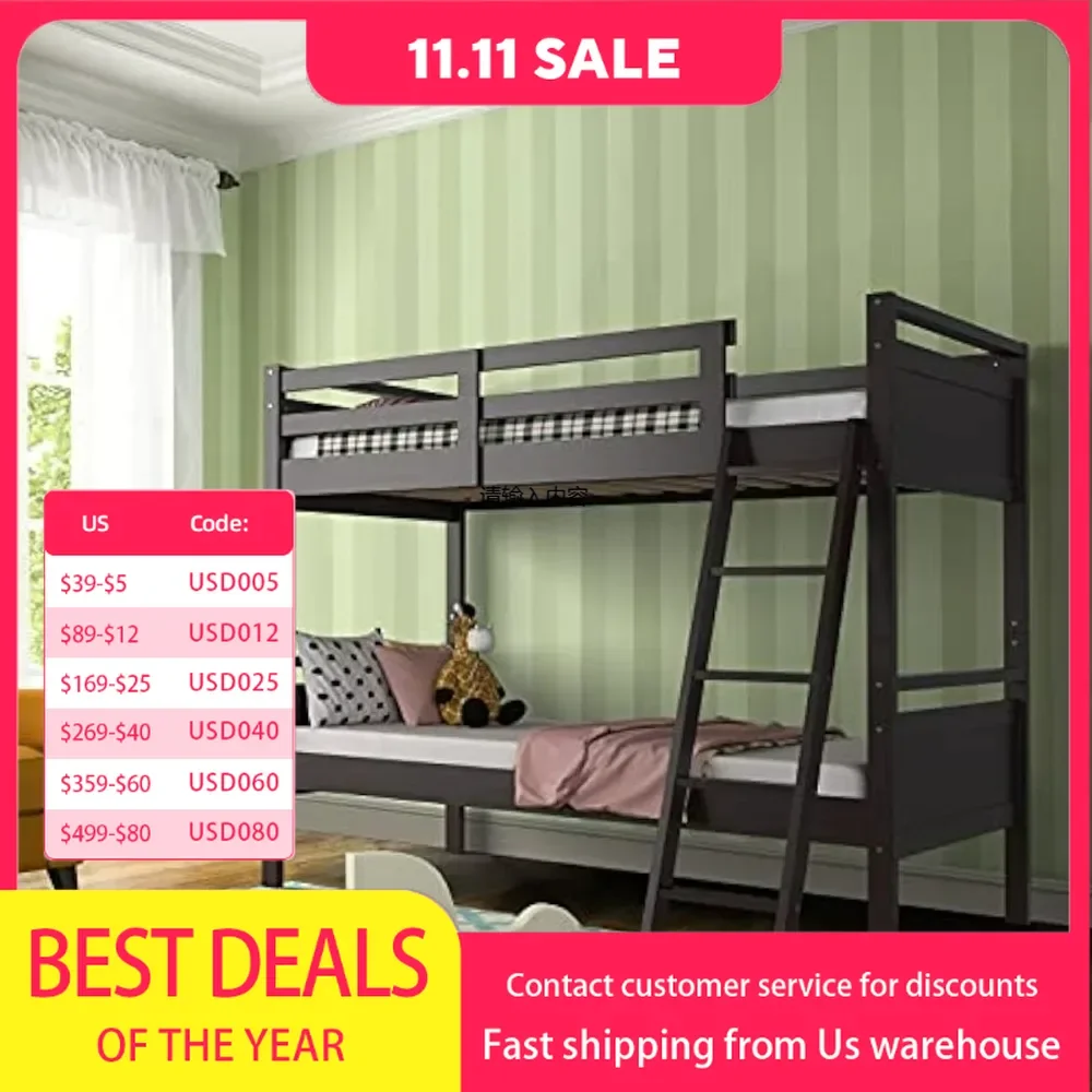 Twin Over Twin Bunk Bed,  Convertible Into Two Individual Beds, Kids Twin Bunk Bed w/Ladder & Guard Rail for Boys Girls