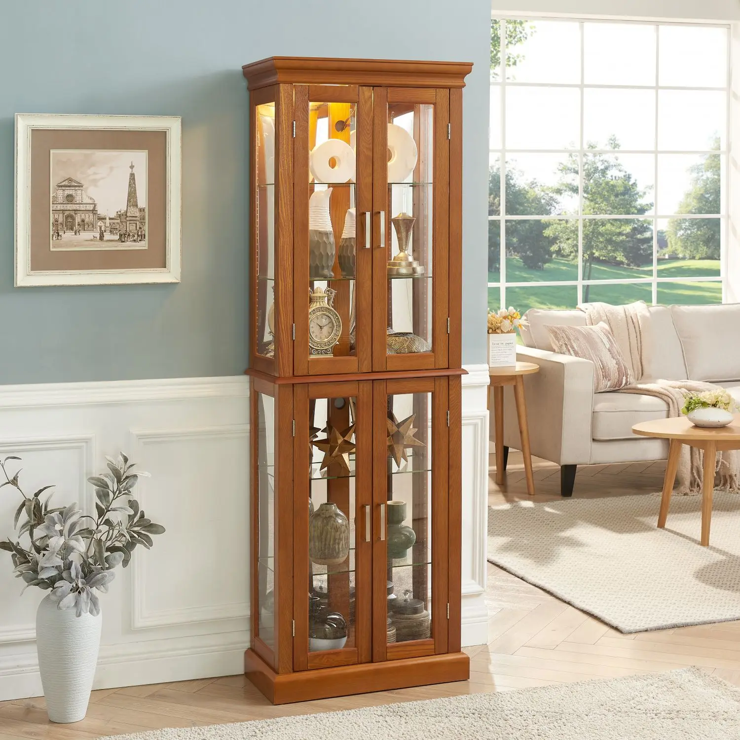 Antique display case with adjustable shelving and tempered glass door with mirror back