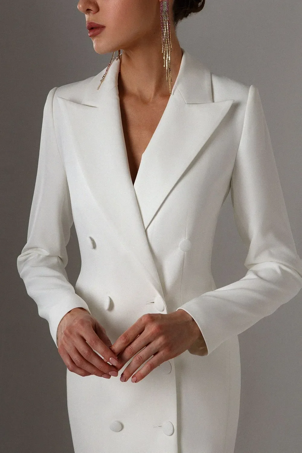 Elegant White Double Breasted Long Sleeve Jacket Ladies Formal Wedding Guest Evening Prom Dresses Summer 2023