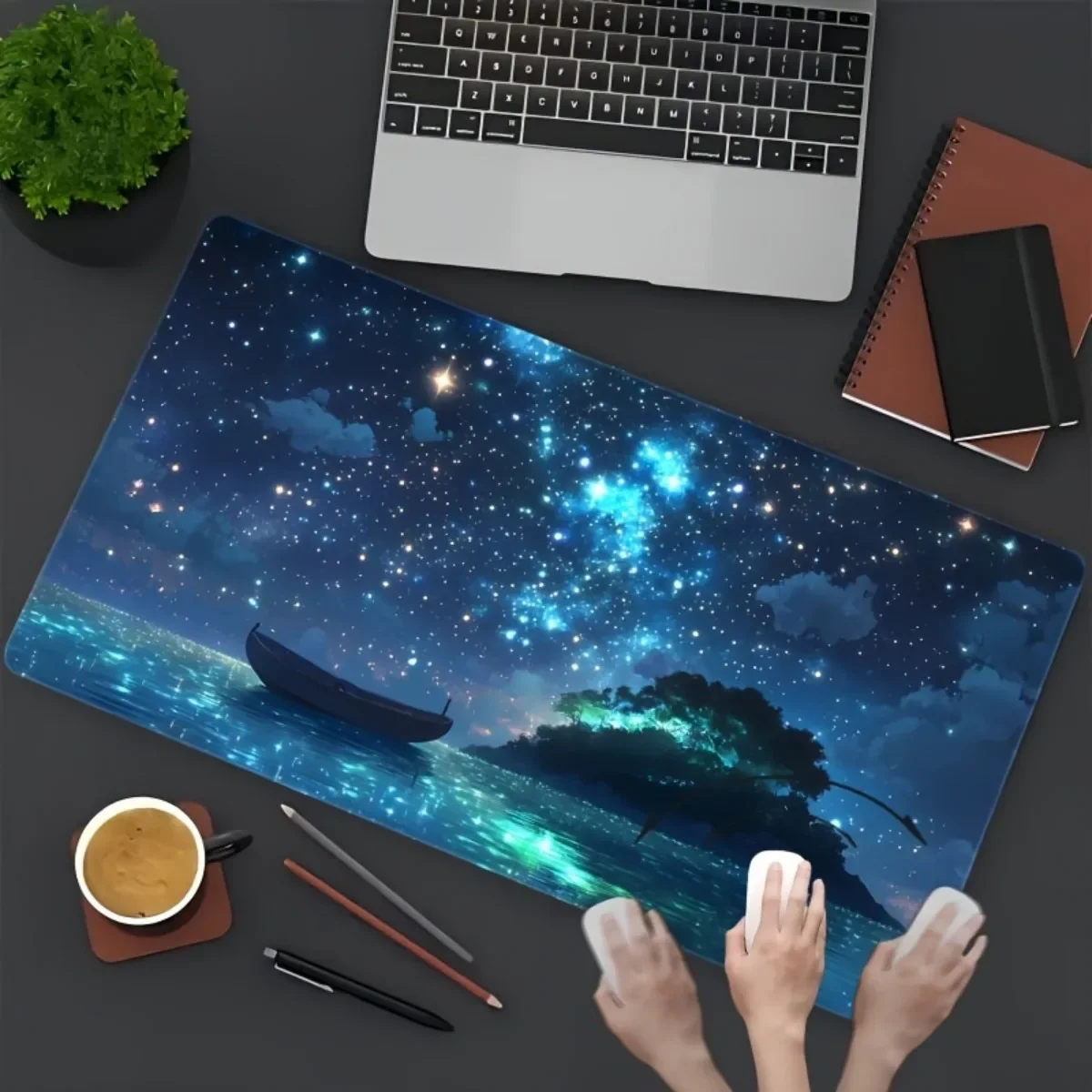 Starry Sky Boat Gaming Desk Mat Non-Slip Rubber Base Stitched Edges Washable Mouse Pad for Office Work