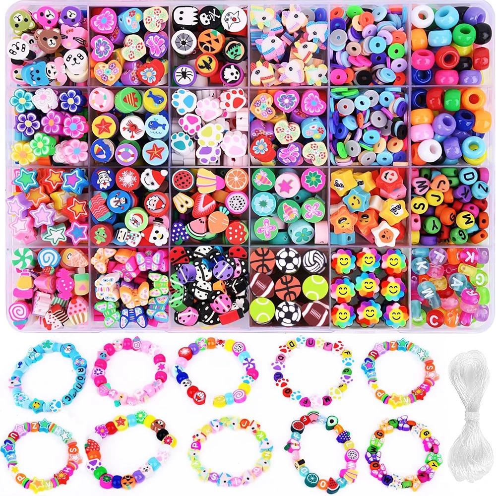 

700PCS Polymer Clay Beads Bracelet Making kit 24 Style Cute Fun Beads Fruit Flower Beads Charms for Jewelry Necklace Making