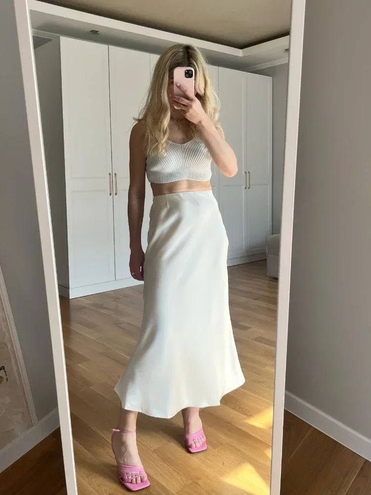 Women's Satin Long Skirt Office Lady Elastic Waist A-Line Skirt in Solid Champagne Purple Red Silk New Fashion 2025