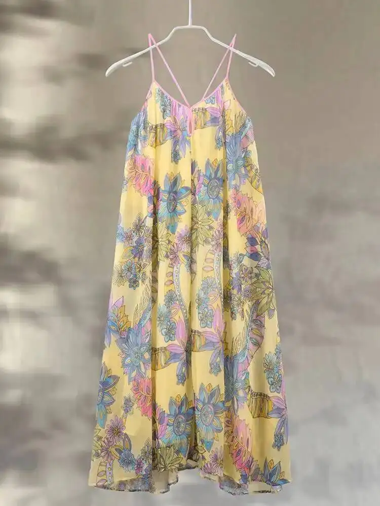 Drucken Floral frauen Kleid Halter V-ausschnitt Ärmel Aushöhlen Gerade Weibliche Kleider Sommer Elegante Urlaub Dame Robe