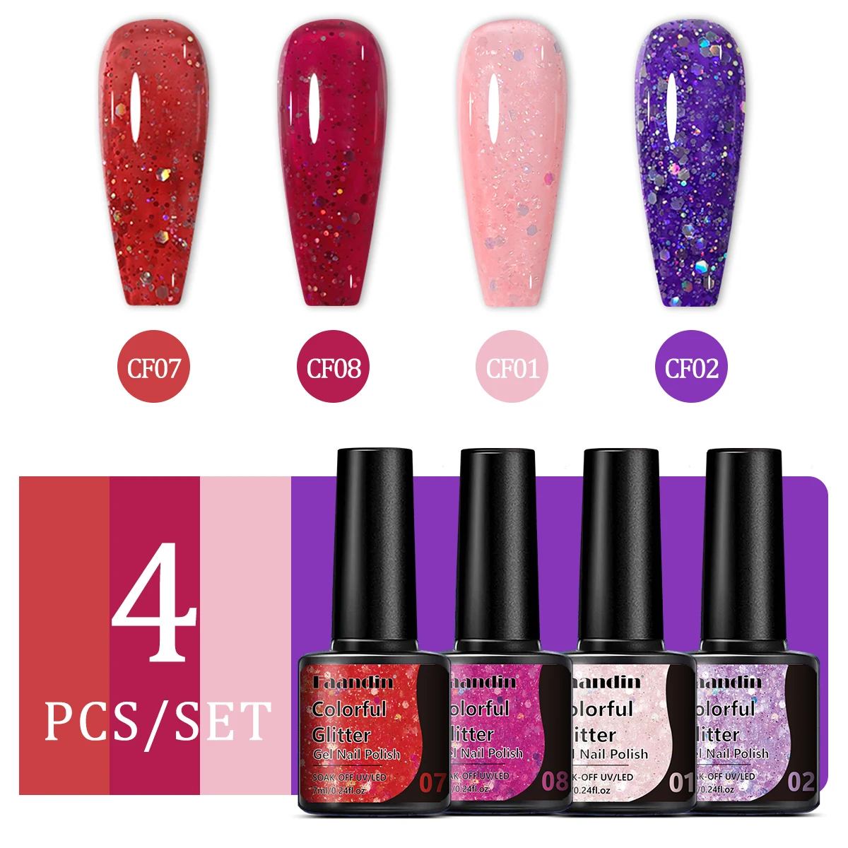 Faandin 4 قطع/مجموعة 7 مل * 4 قطع، تطبيق أكثر سمكًا للحصول على نتائج أفضل، بريق كبير عصري ومبهر، لون غني، مجموعة طلاء أظافر جل لامع، هدية مثالية، جل طلاء أظافر قوي ويزيل، جل طلاء أظافر للبيع بالجملة لصالونات الأظافر، صالونات الأظافر #6