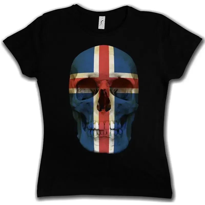 KLASSISCHES T-SHIRT MIT ISLANDISCHER SCHÄDELFLAGGE FÜR FRAUEN UND MÄDCHEN, Biker MC Banner