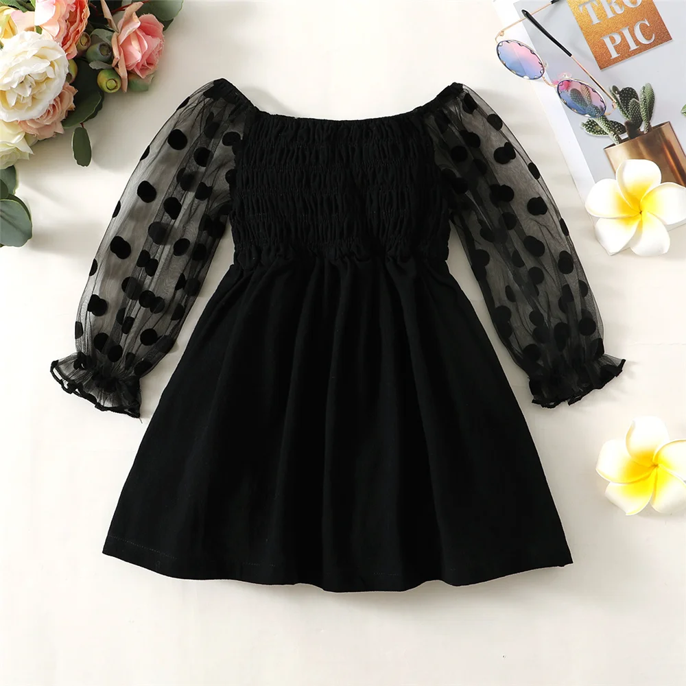 1-6 Year Baby Girl Fashion Off the Shoulder Black Mesh Long Sleeved Dress  for Spring&Autumn Party Photography Skirt Outfits