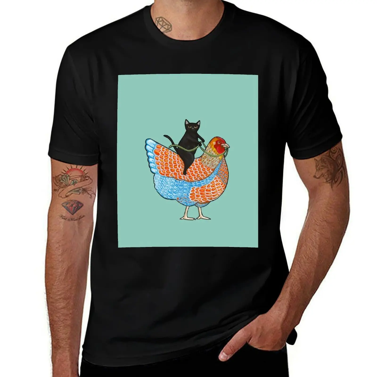 Chicken Ride Wyandotte and Black Cat T-Shirt oversized graphic tee plus size tops plain white t shirts men