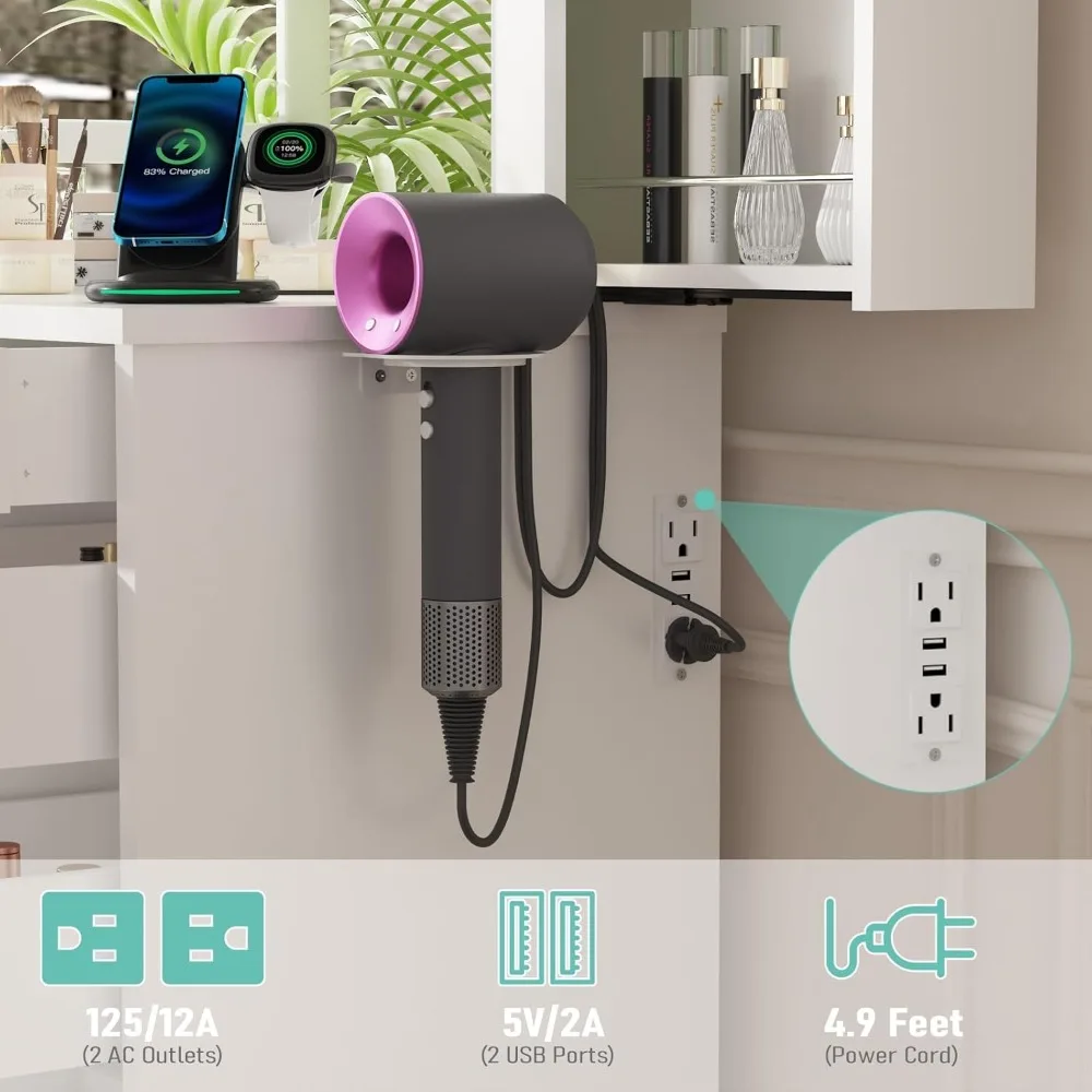 Meja Rias Rias Menyala dengan Cermin, Laci, dan Penyimpanan Perhiasan berwarna Putih