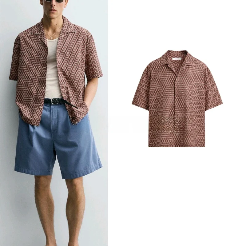 

Summer New Men's Casual Style Geometric Print Loose Bowling Shirt Short Sleeve Breathable Polyester Fiber Skin-friendly Shirt