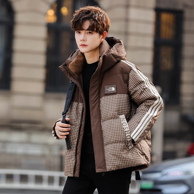 

Men's down jacket, houndstooth color matching white duck down filled warm jacket, autumn and winter casual windbreaker