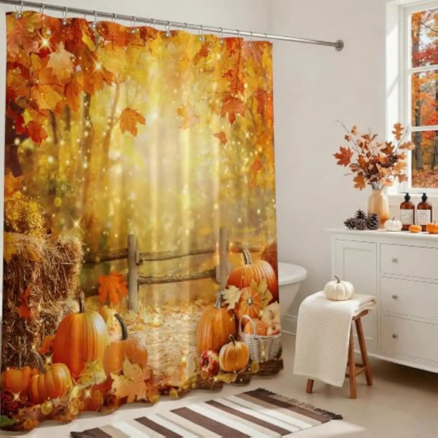 Fall Shower Curtain Pumpkins Autumn Leaves Bathroom Shower Curtain Fall Waterproof Fabric Shower Curtains Bathtub Decor