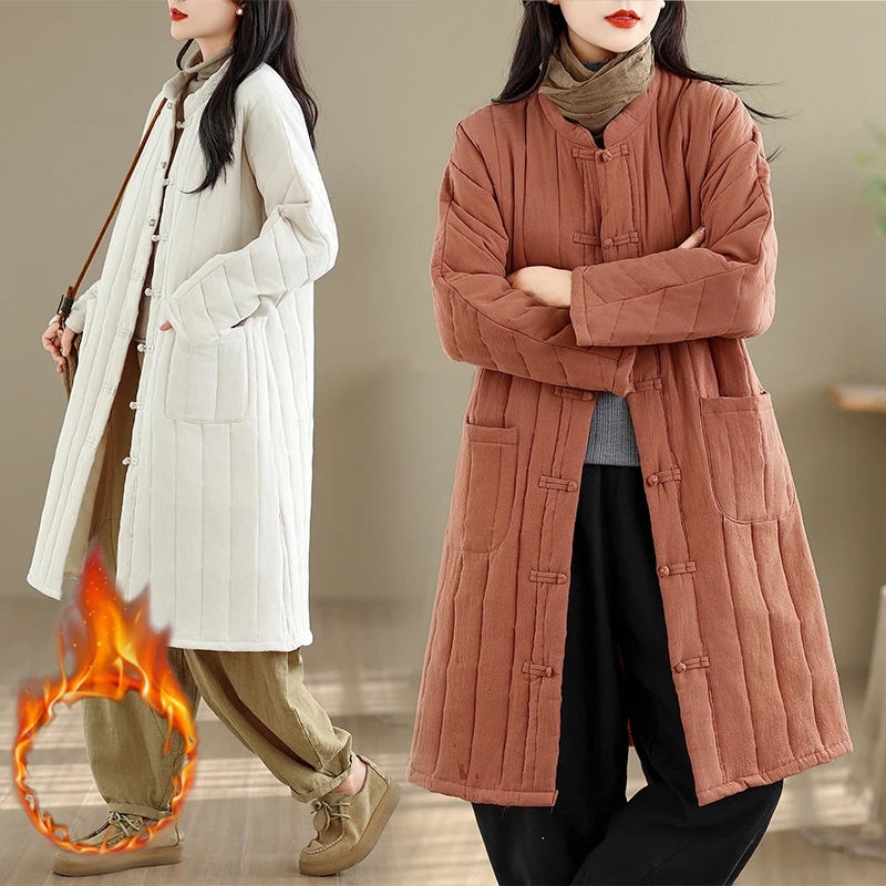 جديد الصينية Sle المرأة Thiened القطن Jaet شتاء جديد الكتان منتصف طول الرجعية زر القطن معطف الركبة طول اللون #1