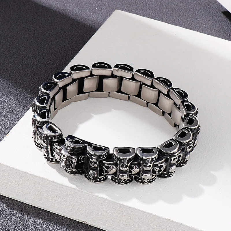 17MM Heavy Punk Black Skull Head Bracelet Hiphop Men Women Gold Color Stainless Steel Massive Biker Bike Chain Bangle Jewelry