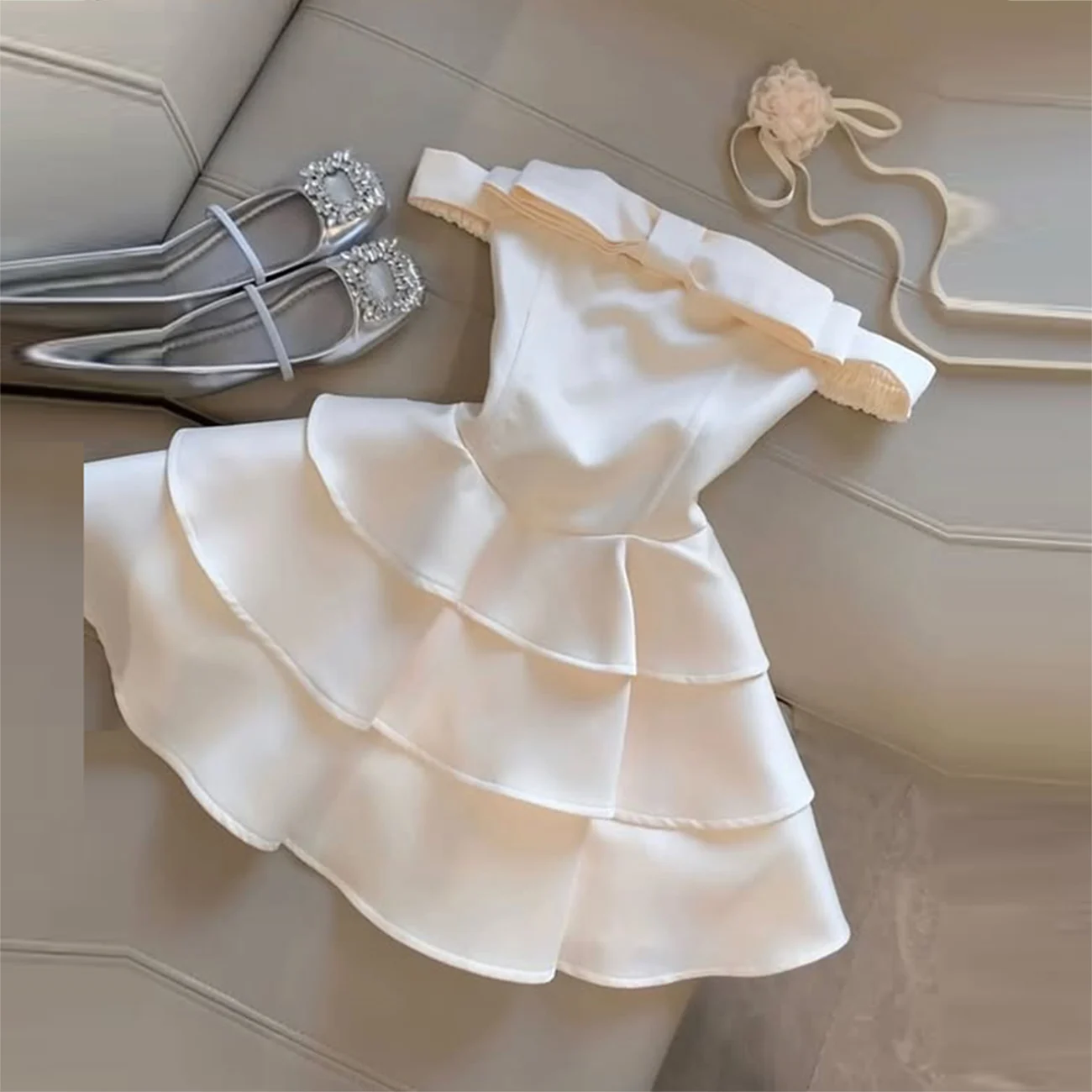 

Little White Prom Dress Off The Shoulder Satin Short Evening Gowns Tiered Satin A Line Above Knee Cocktail Party Dress