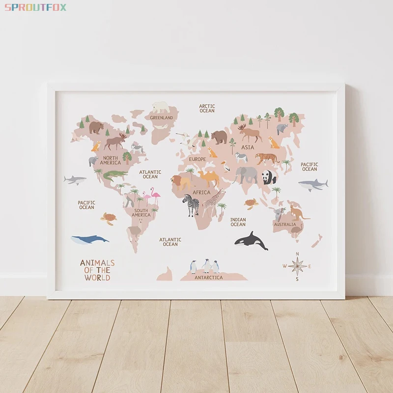 Mapa del mundo, pintura en lienzo, tema de animales Pastel, arte educativo de pared, carteles nórdicos e impresiones de imágenes para decoración de