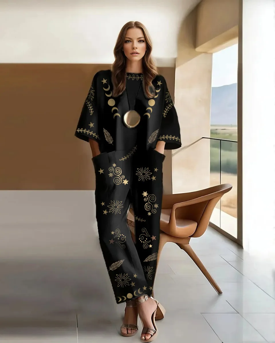 Elegante pantalone a gamba larga tuta mezza manica girocollo modello retrò tasche stampate pagliaccetti larghi abiti larghi casual chic