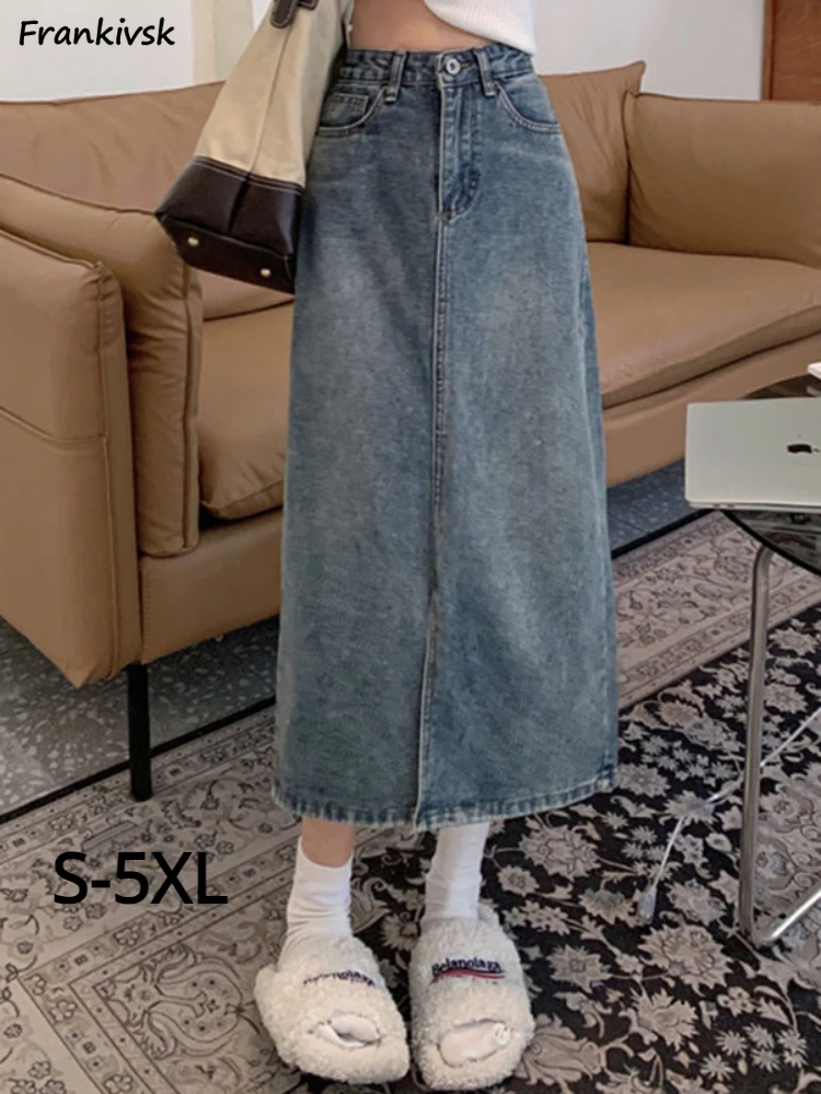 

Denim Skirts Women Spring Slit Office Lady Elegant Mid-calf High Waist Streetwear Simple Slim Fit Leisure Solid Bleached Trendy