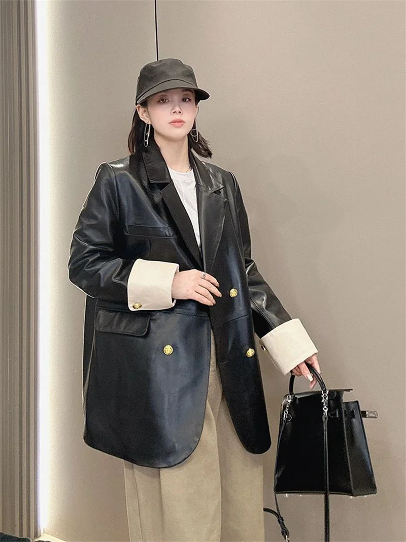 Retro preto jaqueta de couro do plutônio das mulheres outono versão coreana solto casual pequena fragrância estilo cor bloqueada terno para outerwear