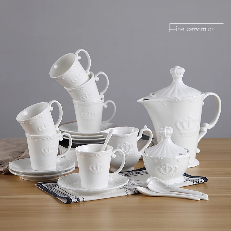 21pc Set, White Embossed Porcelain Coffee Pot Cup Court Crown Design Court, Nespresso Vintage Tea Party