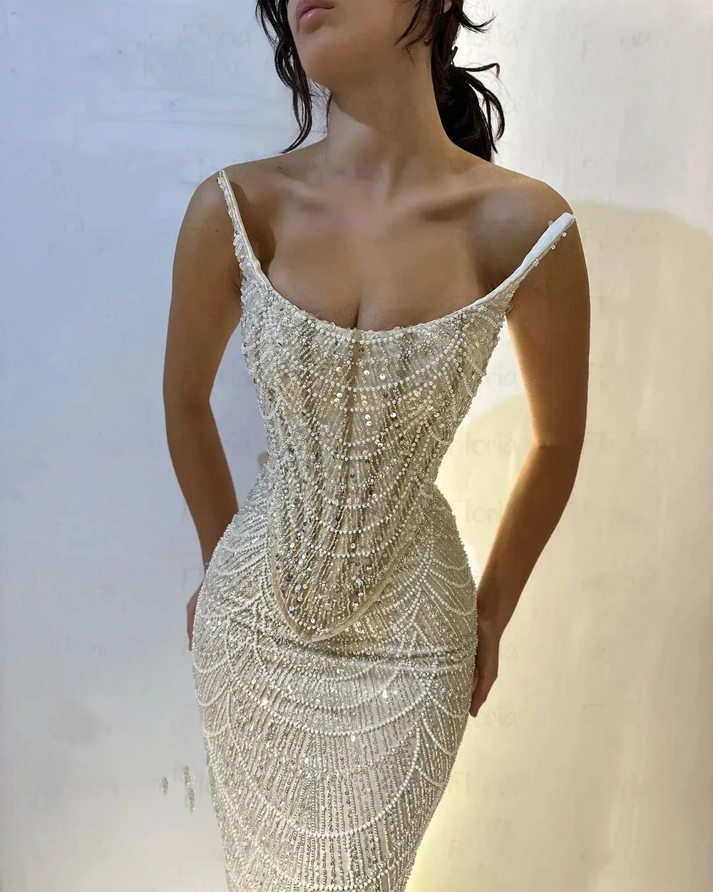 Spaghetti Straps 3 Pieces Suit Mermaid Sequined Evening Dresses Champagne Pearls Beaded Formal Prom Party Gowns فساتين سهرة