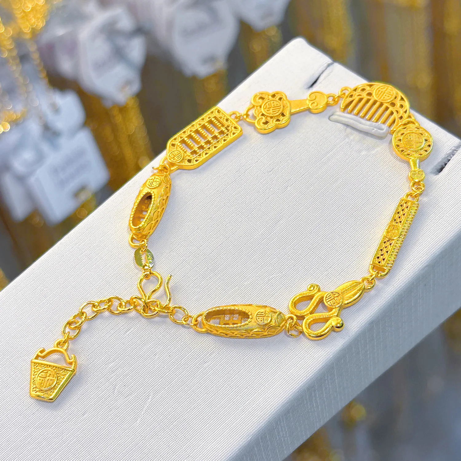 Women's 24K Gold (AU999) Auspicious Eight Treasures Bracelet | Treasure Bead Chain, Filigree Border with Gilt Fish Charm