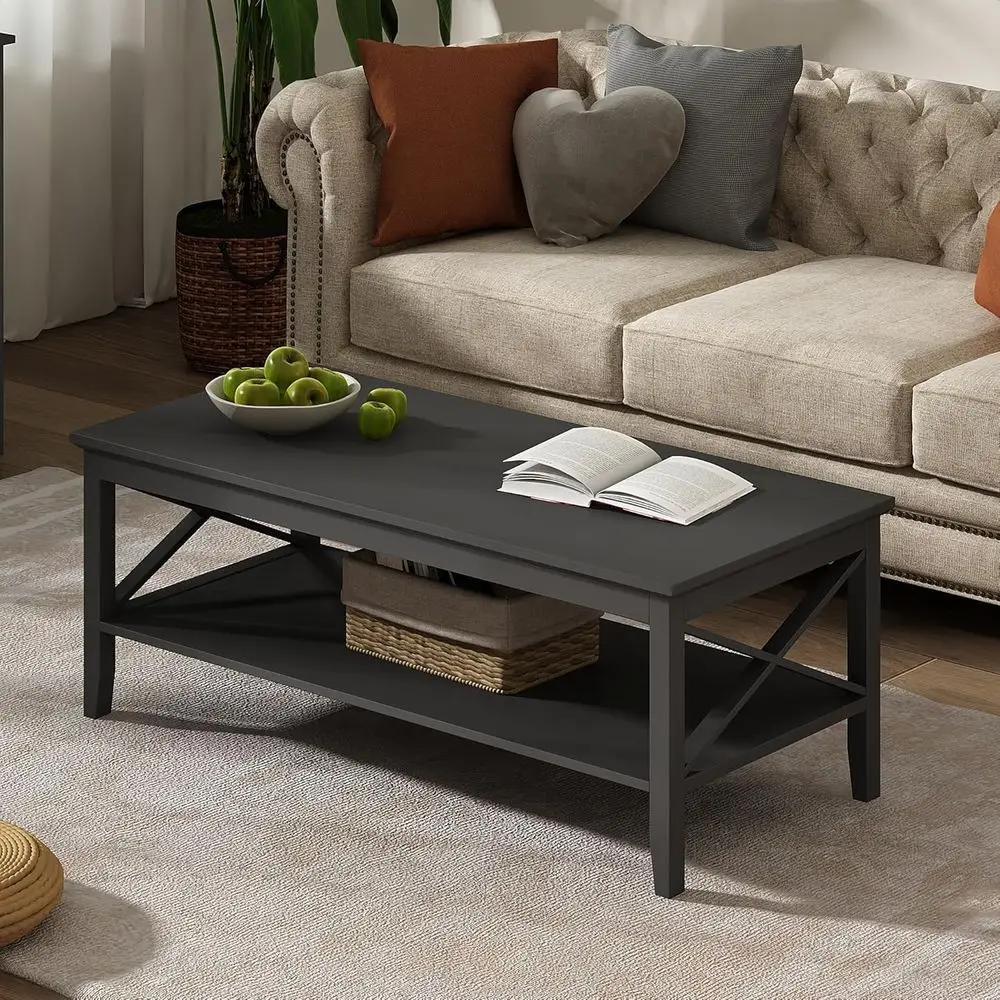 Sturdy 47 Black Wooden Storage Coffee Table for Living Spaces